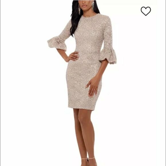 Betsy & Adam Dresses & Skirts - Betsy and Adam Sequined Lace Sheath Dress Bell Sleeves Gold Women's Size 4P